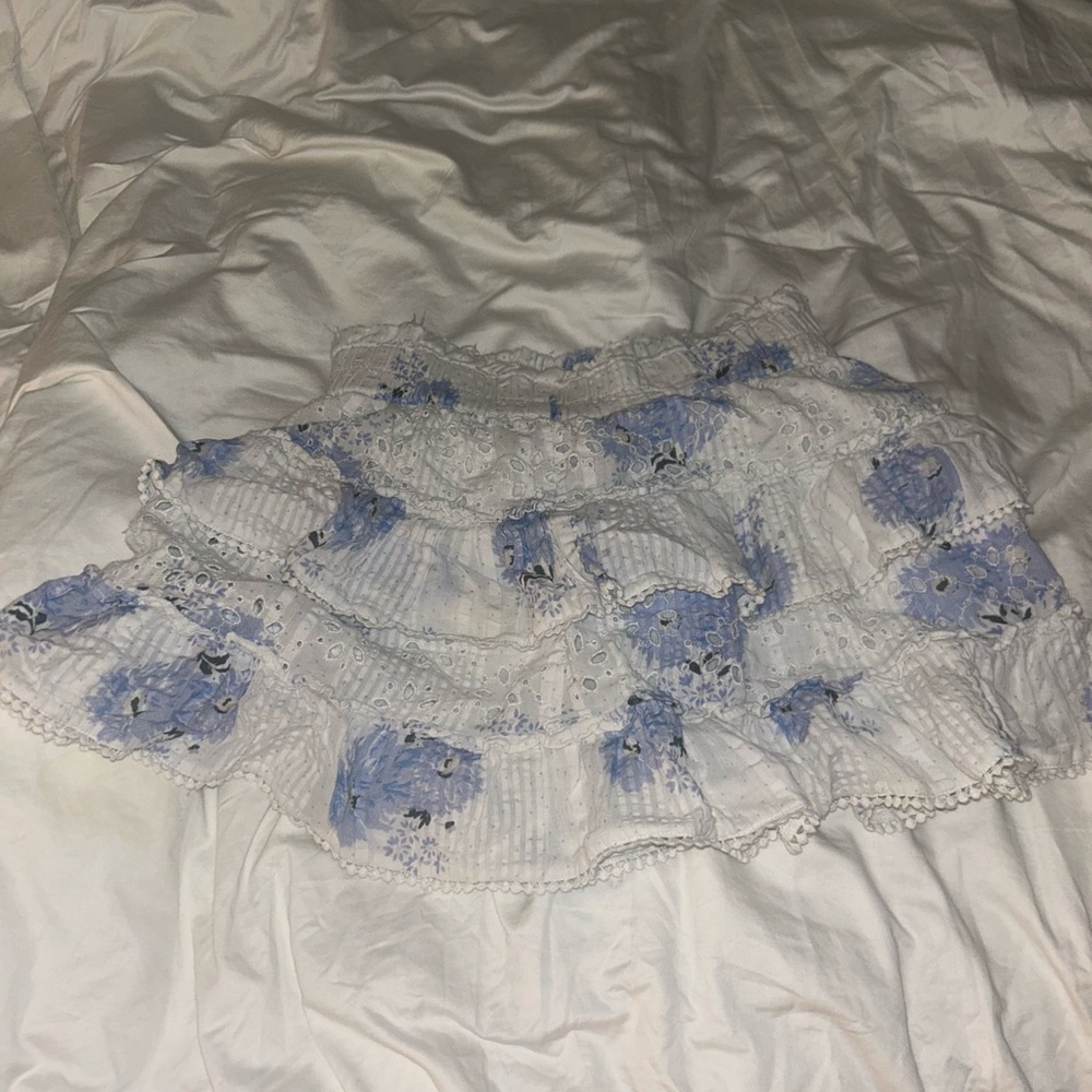 LoveShackFancy White and Blue Floral Mini Skirt
